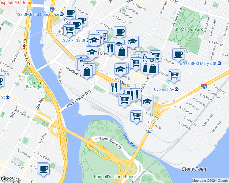 map of restaurants, bars, coffee shops, grocery stores, and more near 112 Bruckner Boulevard in Bronx
