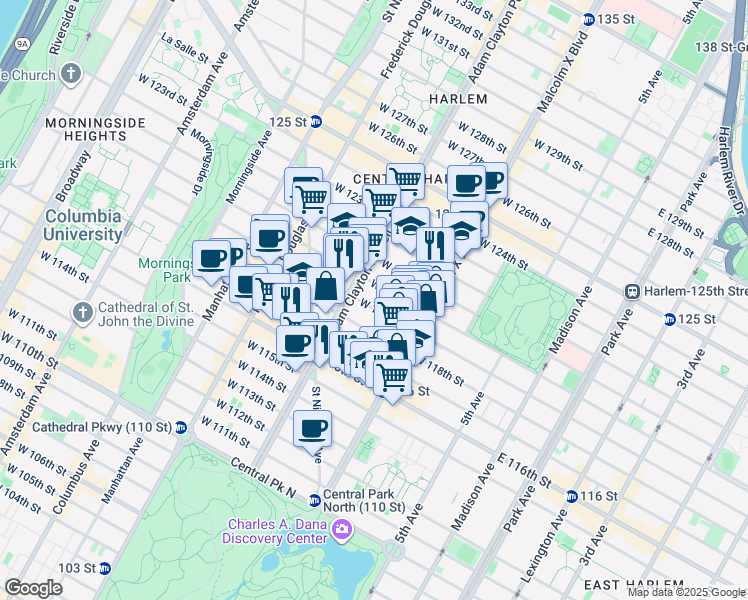 map of restaurants, bars, coffee shops, grocery stores, and more near 136 West 119th Street in New York