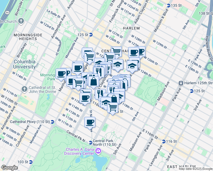 map of restaurants, bars, coffee shops, grocery stores, and more near 136 West 119th Street in New York