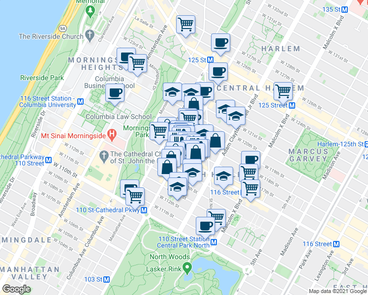 map of restaurants, bars, coffee shops, grocery stores, and more near 251 West 116th Street in New York