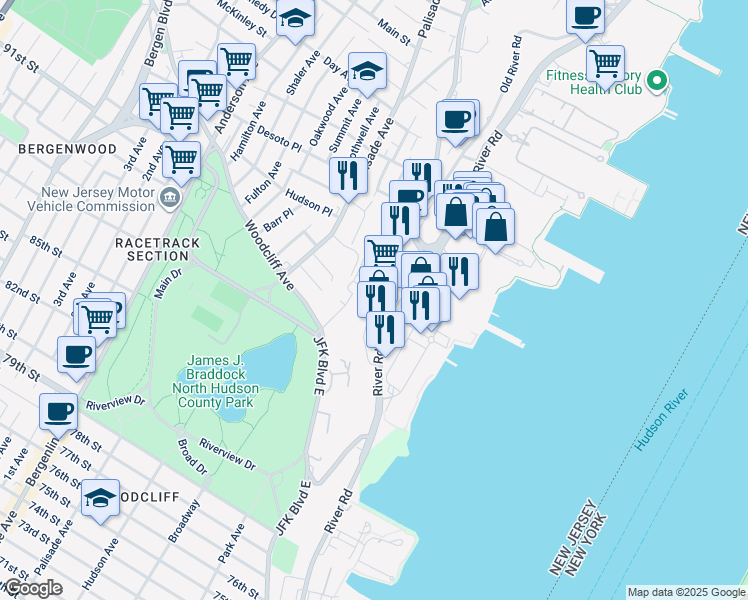 map of restaurants, bars, coffee shops, grocery stores, and more near 8905 River Road in North Bergen