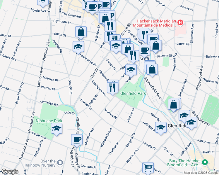 map of restaurants, bars, coffee shops, grocery stores, and more near 36 Lexington Avenue in Montclair