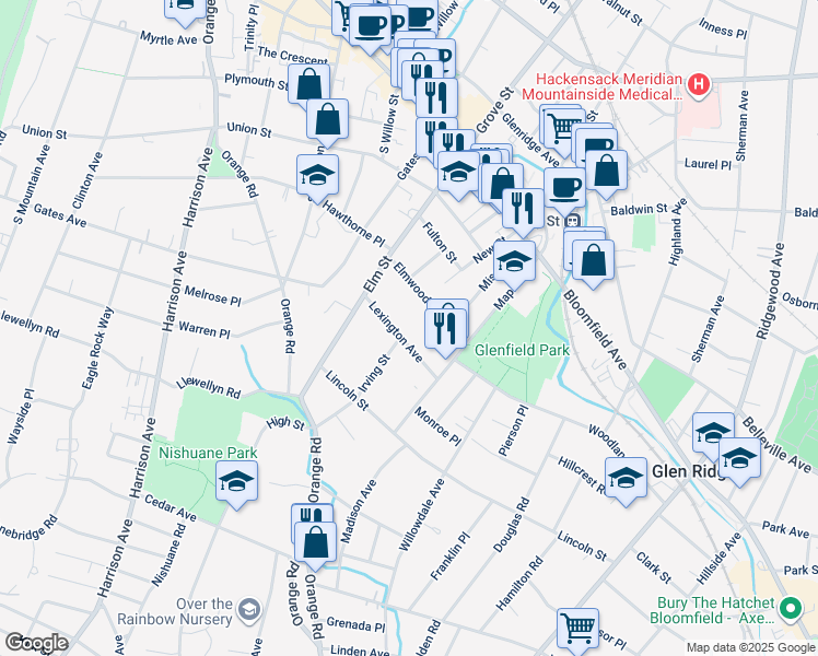 map of restaurants, bars, coffee shops, grocery stores, and more near 45 Irving Street in Montclair