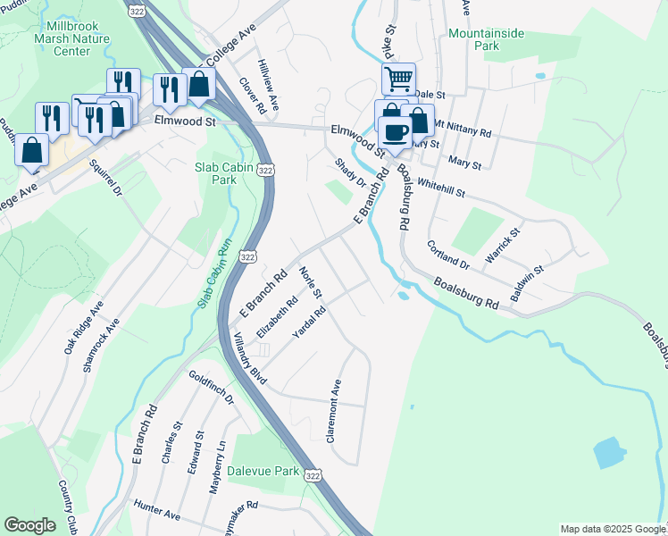 map of restaurants, bars, coffee shops, grocery stores, and more near 135-199 Oakwood Drive in State College