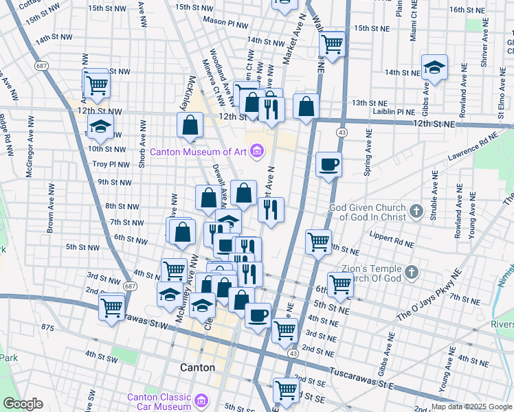map of restaurants, bars, coffee shops, grocery stores, and more near 817 Market Avenue North in Canton