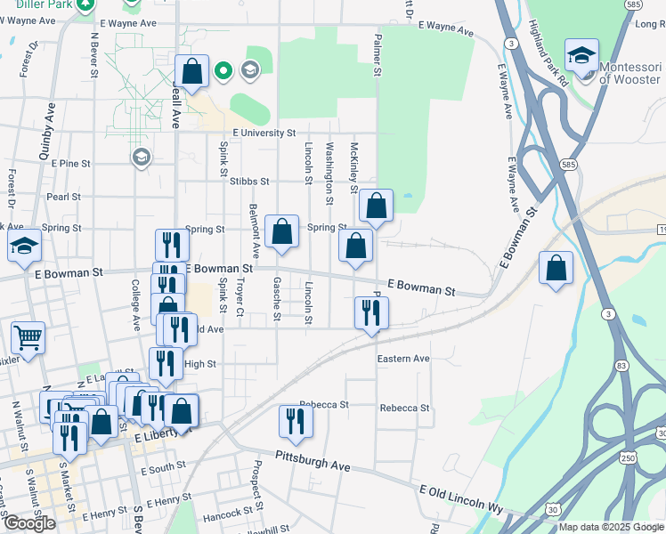 map of restaurants, bars, coffee shops, grocery stores, and more near 927 East Bowman Street in Wooster