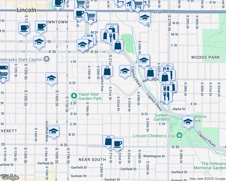 map of restaurants, bars, coffee shops, grocery stores, and more near 2125 F Street in Lincoln