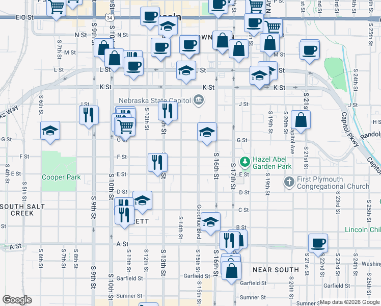 map of restaurants, bars, coffee shops, grocery stores, and more near 1423 F Street in Lincoln