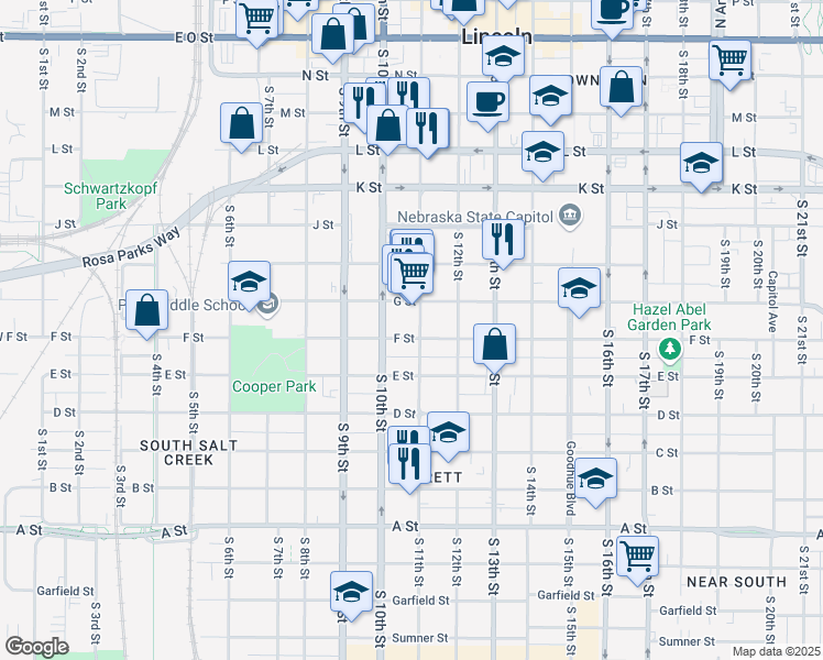 map of restaurants, bars, coffee shops, grocery stores, and more near 908 South 10th Street in Lincoln