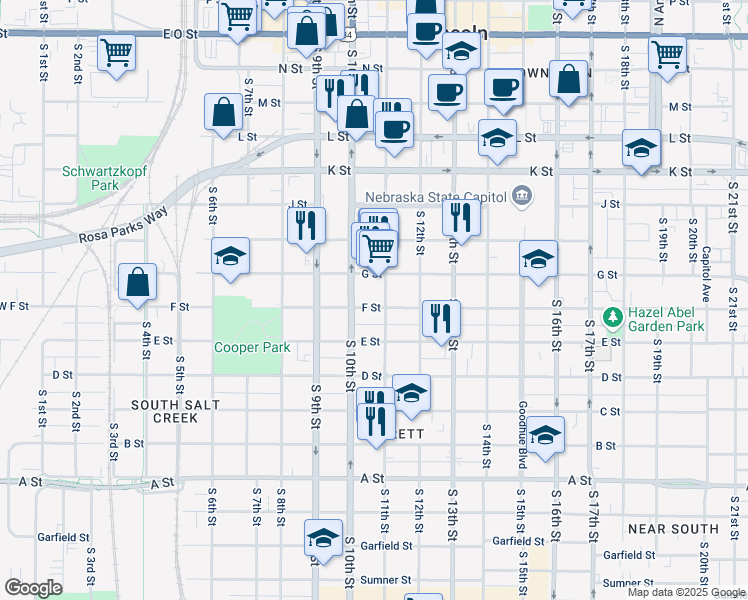 map of restaurants, bars, coffee shops, grocery stores, and more near 908 South 10th Street in Lincoln