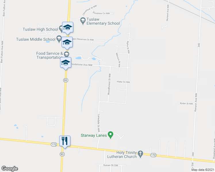 map of restaurants, bars, coffee shops, grocery stores, and more near 1383 Woodforest Street Northwest in Massillon