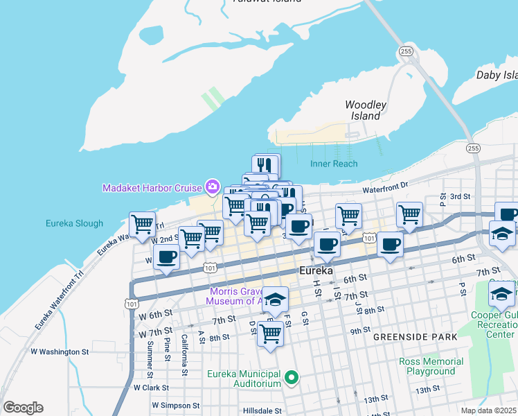 map of restaurants, bars, coffee shops, grocery stores, and more near 422 1st Street in Eureka