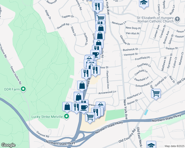 map of restaurants, bars, coffee shops, grocery stores, and more near 716 Walt Whitman Road in Melville