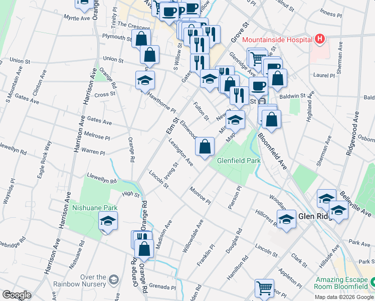 map of restaurants, bars, coffee shops, grocery stores, and more near 45 Irving Street in Montclair