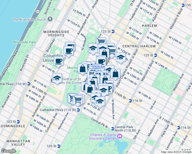 map of restaurants, bars, coffee shops, grocery stores, and more near 304 West 117th Street in New York