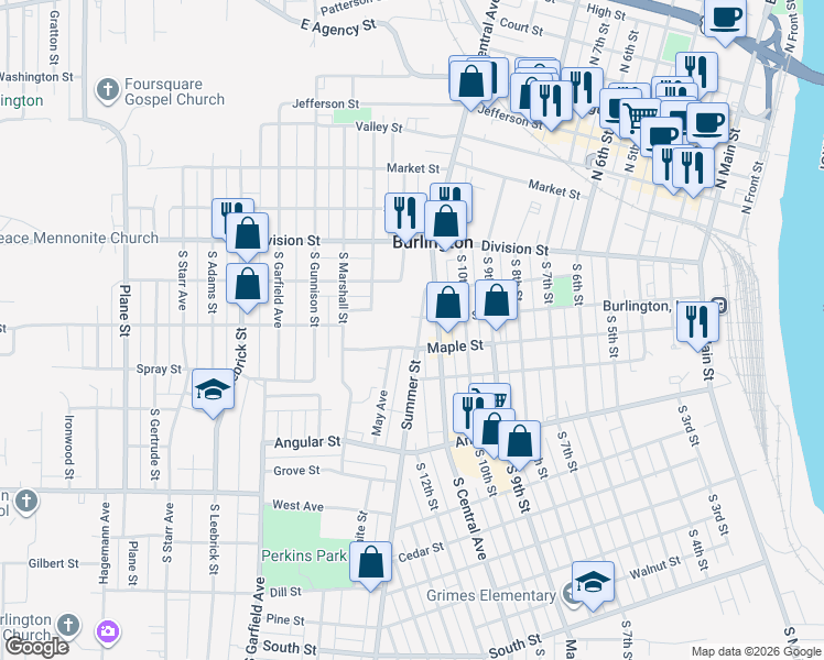 map of restaurants, bars, coffee shops, grocery stores, and more near 1101-1235 Maple Street in Burlington