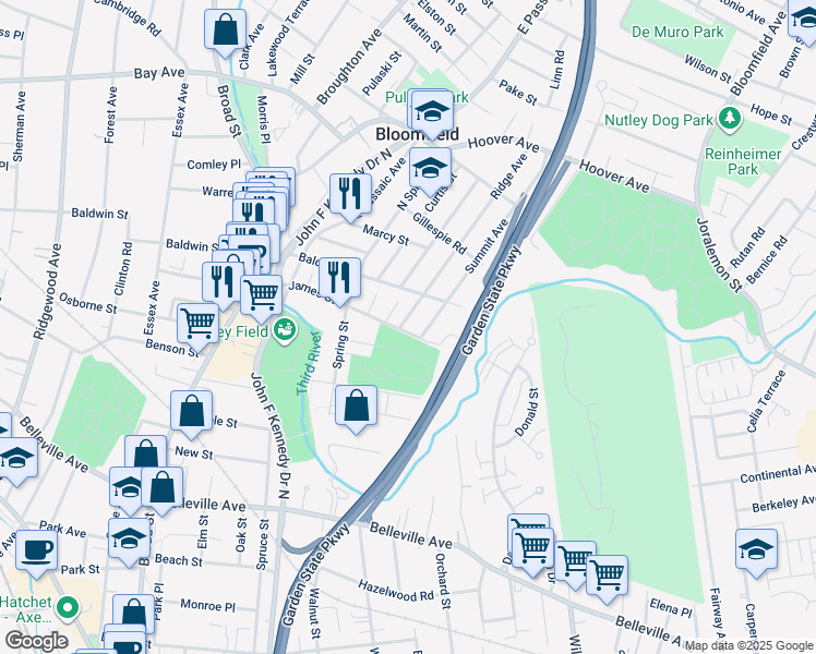 map of restaurants, bars, coffee shops, grocery stores, and more near 1 Ridge Avenue in Bloomfield