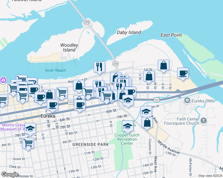 map of restaurants, bars, coffee shops, grocery stores, and more near 1572-1598 Redwood Highway in Eureka