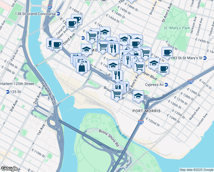 map of restaurants, bars, coffee shops, grocery stores, and more near 112 Bruckner Boulevard in Bronx
