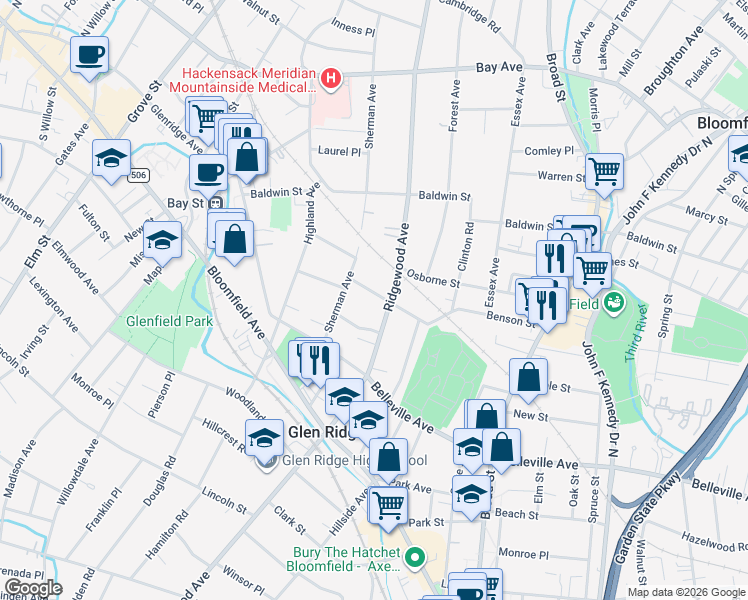 map of restaurants, bars, coffee shops, grocery stores, and more near 280 Ridgewood Avenue in Glen Ridge