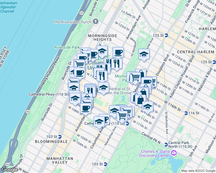 map of restaurants, bars, coffee shops, grocery stores, and more near 420 West 114th Street in New York