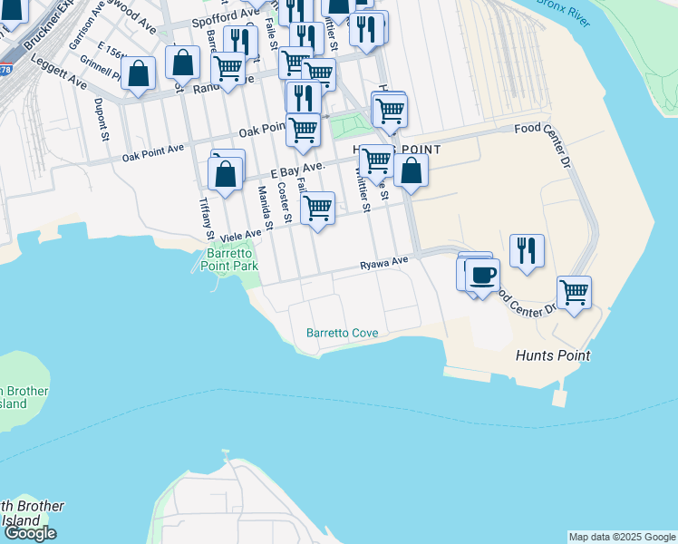 map of restaurants, bars, coffee shops, grocery stores, and more near in The Bronx