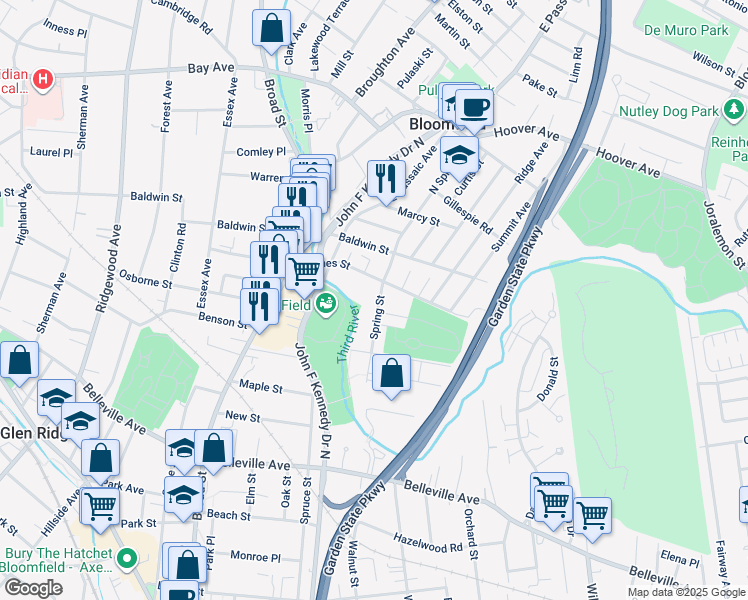 map of restaurants, bars, coffee shops, grocery stores, and more near 31 Spring Street in Bloomfield
