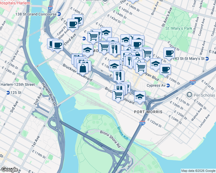 map of restaurants, bars, coffee shops, grocery stores, and more near 112 Bruckner Boulevard in Bronx