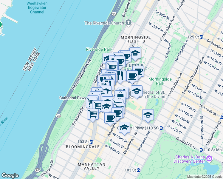 map of restaurants, bars, coffee shops, grocery stores, and more near 535 West 111th Street in New York