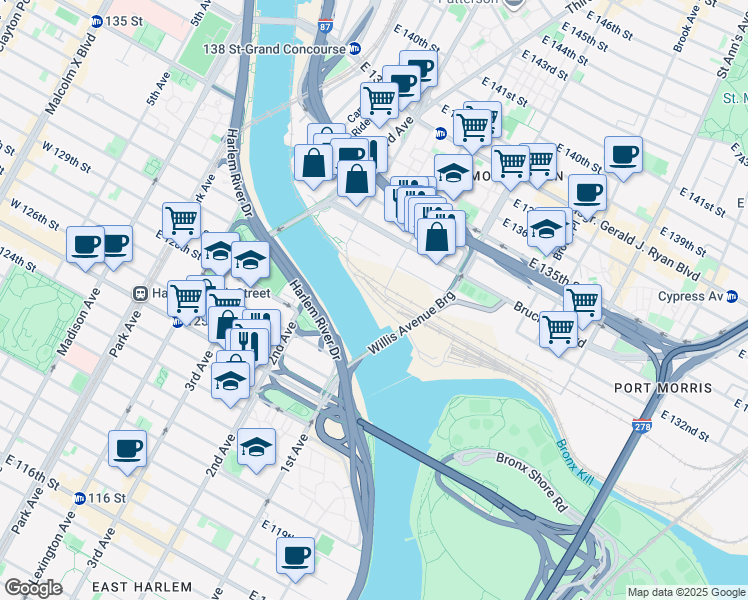 map of restaurants, bars, coffee shops, grocery stores, and more near 2551 1st Ave in Bronx