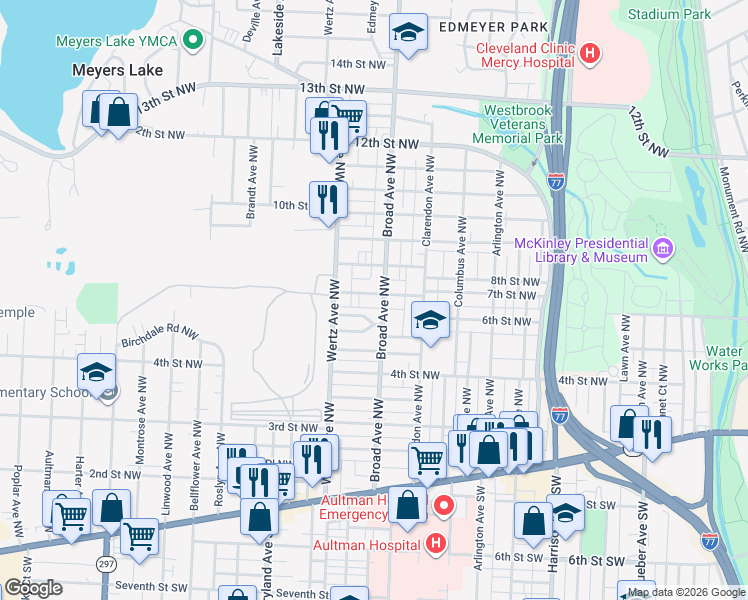 map of restaurants, bars, coffee shops, grocery stores, and more near 604 Broad Avenue Northwest in Canton