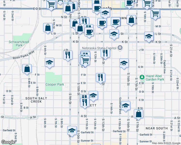 map of restaurants, bars, coffee shops, grocery stores, and more near 1123 F Street in Lincoln