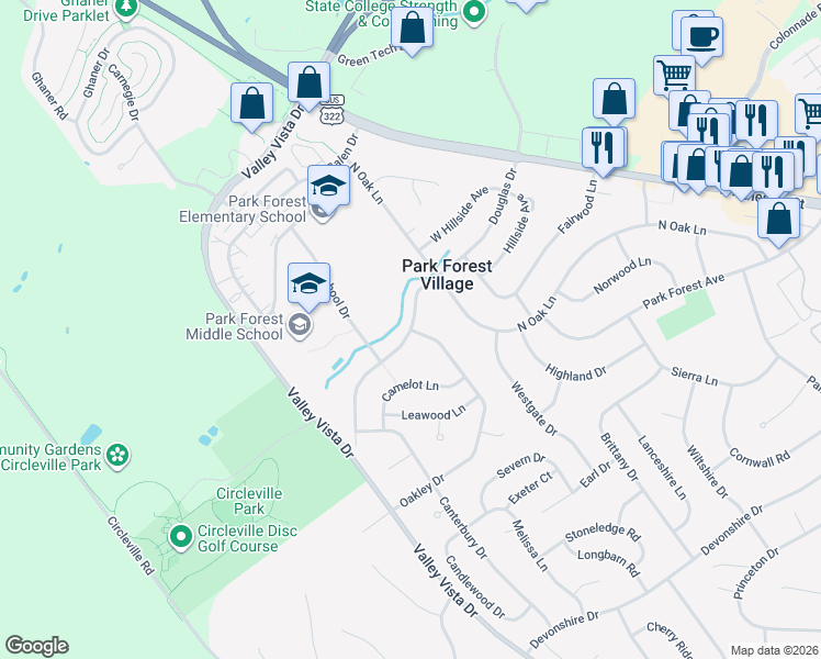map of restaurants, bars, coffee shops, grocery stores, and more near 101 Oakley Drive in State College