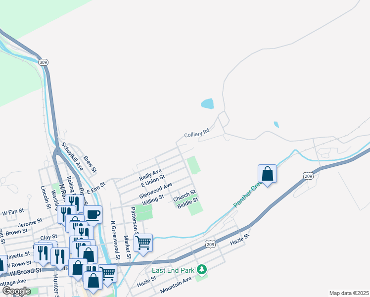 map of restaurants, bars, coffee shops, grocery stores, and more near 609 East Elm Street in Tamaqua