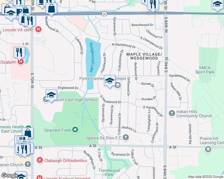 map of restaurants, bars, coffee shops, grocery stores, and more near 721 Cottonwood Drive in Lincoln