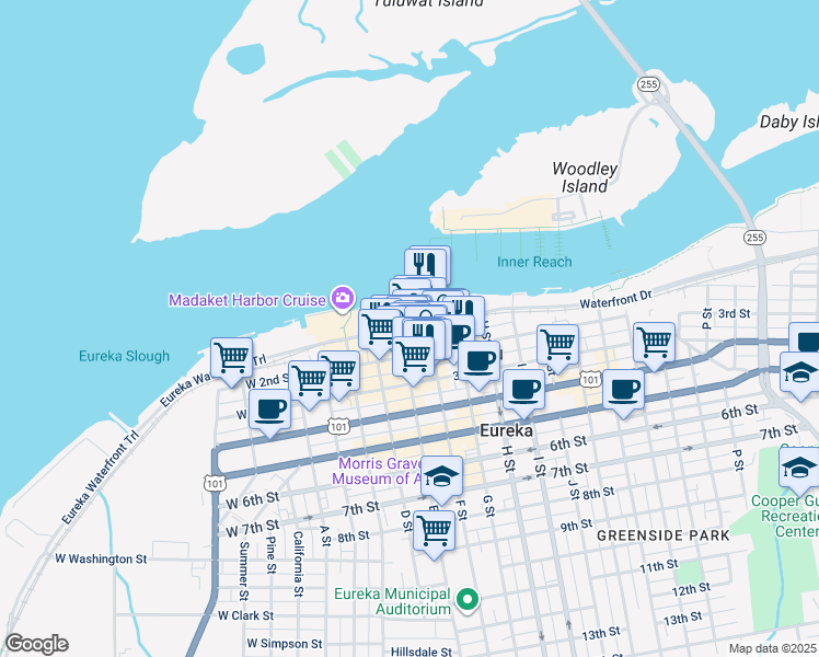 map of restaurants, bars, coffee shops, grocery stores, and more near 427 2nd Street in Eureka