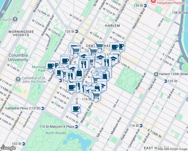map of restaurants, bars, coffee shops, grocery stores, and more near 136 West 119th Street in New York