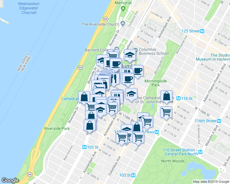 map of restaurants, bars, coffee shops, grocery stores, and more near 1060 Amsterdam Avenue in New York