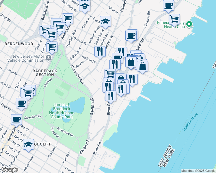 map of restaurants, bars, coffee shops, grocery stores, and more near 8905 River Road in North Bergen