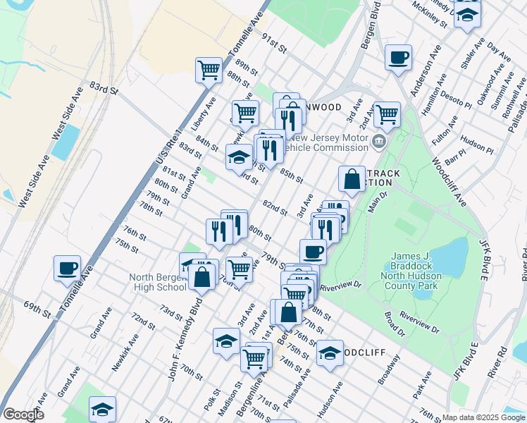 map of restaurants, bars, coffee shops, grocery stores, and more near 8009 5th Avenue in North Bergen