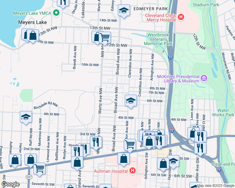 map of restaurants, bars, coffee shops, grocery stores, and more near 604 Broad Avenue Northwest in Canton