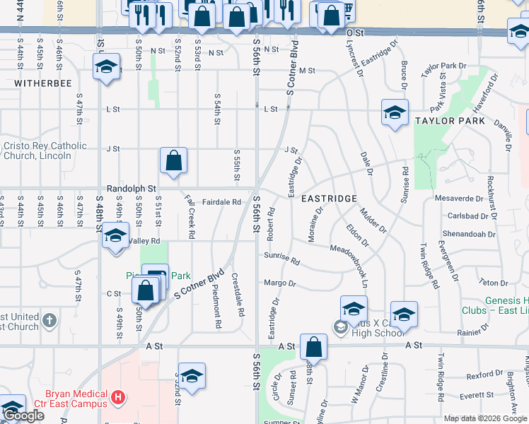 map of restaurants, bars, coffee shops, grocery stores, and more near 925 Robert Road in Lincoln