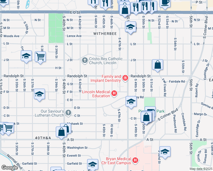 map of restaurants, bars, coffee shops, grocery stores, and more near 898 South 45th Street in Lincoln