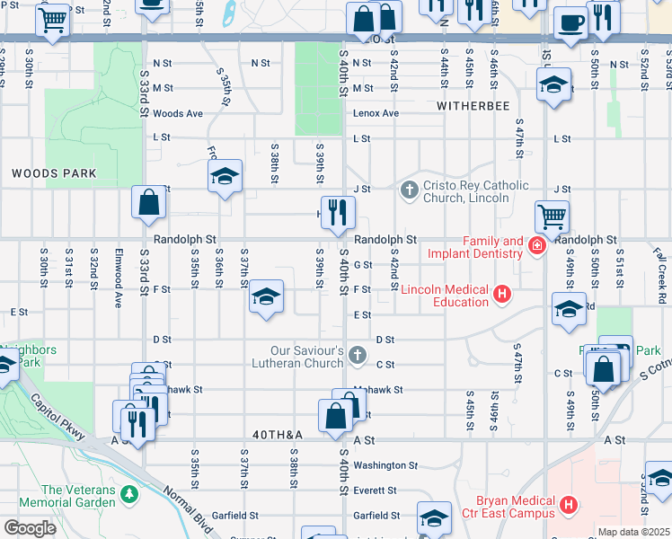 map of restaurants, bars, coffee shops, grocery stores, and more near 940 South 40th Street in Lincoln