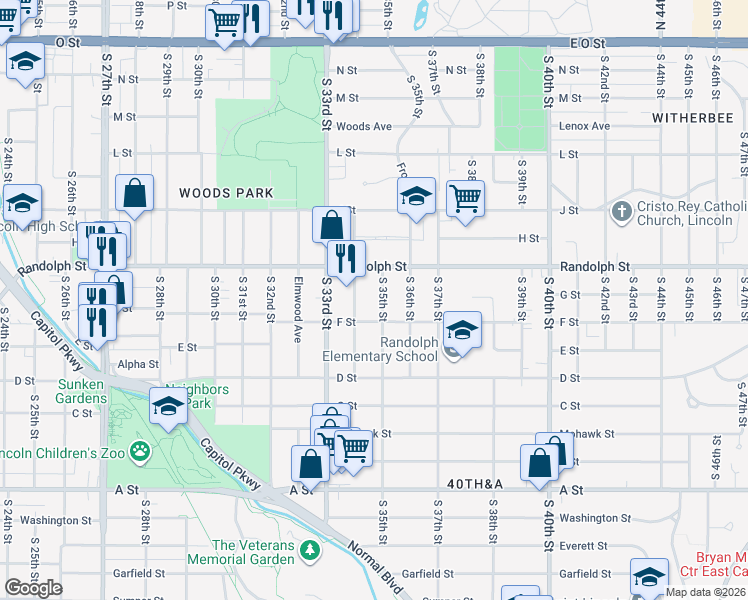 map of restaurants, bars, coffee shops, grocery stores, and more near 889 South 35th Street in Lincoln