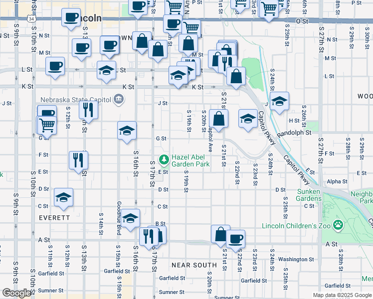 map of restaurants, bars, coffee shops, grocery stores, and more near 1827 F Street in Lincoln