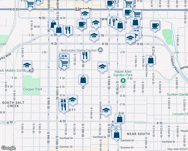 map of restaurants, bars, coffee shops, grocery stores, and more near 1423 F Street in Lincoln