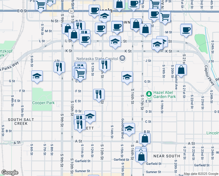 map of restaurants, bars, coffee shops, grocery stores, and more near 1315 F Street in Lincoln