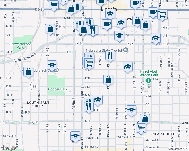map of restaurants, bars, coffee shops, grocery stores, and more near 1123 F Street in Lincoln