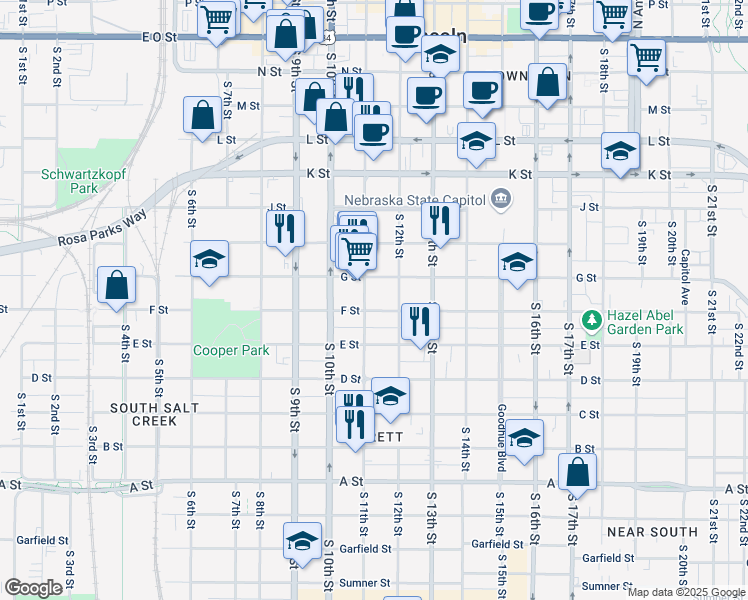 map of restaurants, bars, coffee shops, grocery stores, and more near 1123 F Street in Lincoln